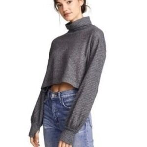 Free People Cropped Waffle‎ Knit Mock Neck Indie Boho Top Small 90s Cozy Basic